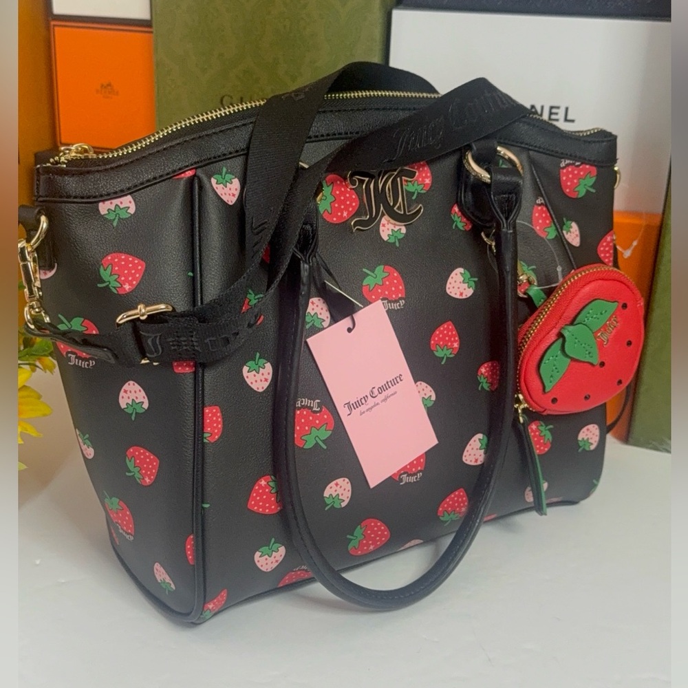 🆕JUICY COUTURE Black and Red Satchel with Strawberry Charm - Picture 14 of 16